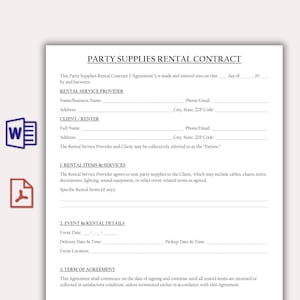 May include: A party supplies rental contract on white paper. The document includes sections for the rental service provider, client/renter, rental items and services, event and rental details, and terms of agreement. The contract is designed for party supply rentals.