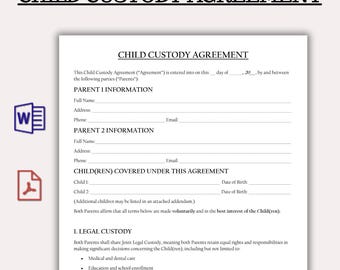 Child Custody Agreement Template, Editable Co-Parenting Contract PDF, Legal Joint Custody & Visitation Schedule, Parenting Plan Printable