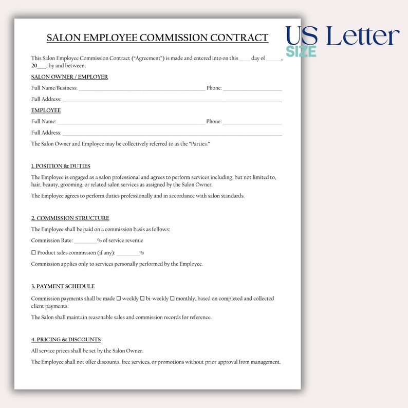 Customizable Salon Employee Commission Contract, Printable Hair Stylist ...