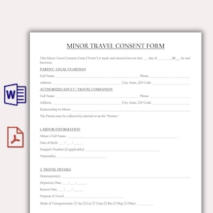 Puede incluir: Un documento blanco titulado MINOR TRAVEL CONSENT FORM con texto negro y líneas en blanco para completar los detalles de los padres, tutores y el viaje. El formulario incluye secciones para información del menor y detalles específicos del viaje.