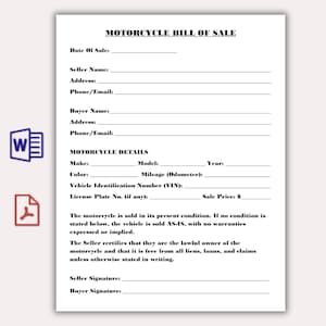 Motorcycle Bill of Sale Template, Printable Motor Vehicle Sale Contract, auto bill of sale, Motorbike Sale Receipt, Vehicle sales form pdf