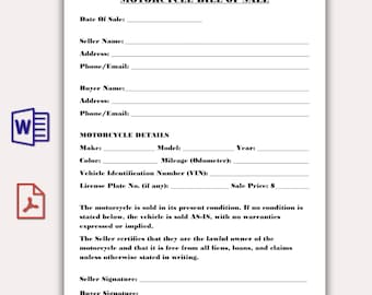 Motorcycle Bill of Sale Template, Printable Motor Vehicle Sale Contract, auto bill of sale, Motorbike Sale Receipt, Vehicle sales form pdf