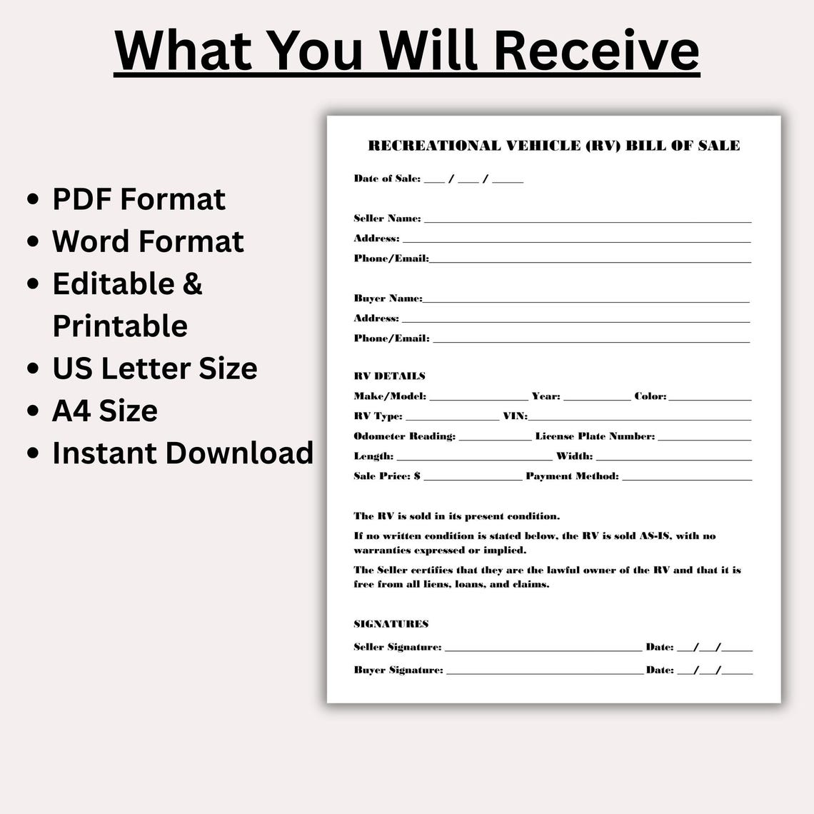 Minimalist RV Bill of Sale Template, Printable RV Sale Agreement ...