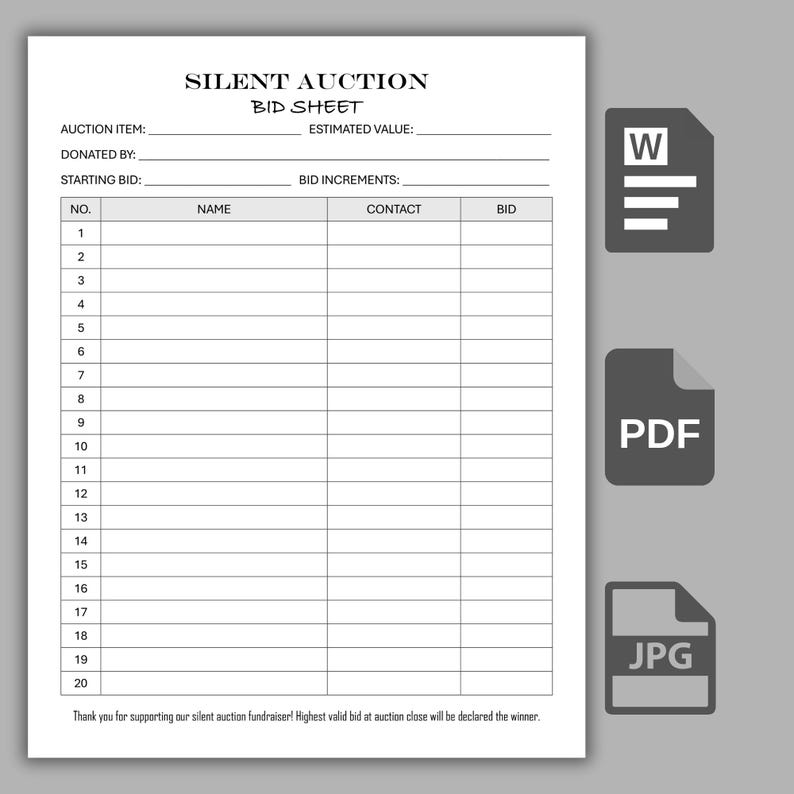 Editable Silent Auction Bid Sheet Word PDF JPG, Silent Auction Sign up ...