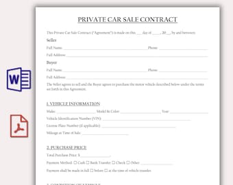 Private Car Sale Contract Template, Editable Vehicle Bill of Sale Agreement, Printable Legal Used Car Purchase, Instant Download