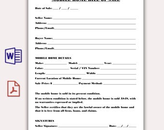Plantilla de contrato de compraventa de casa móvil, contrato de compraventa de vivienda imprimible en PDF, formulario de transferencia de propiedad de casa rodante, contrato de compraventa de propiedad editable