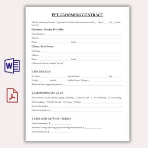 Peut inclure: Un contrat de toilettage pour animaux imprimé sur papier blanc. Le document comprend des sections pour les informations du toiletteur et du client, les détails de l'animal, les services de toilettage et les frais. Une icône de document Word et une icône PDF sont en bas à gauche.