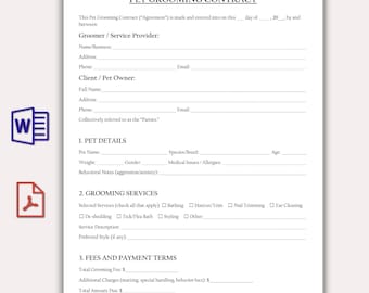 May include: A printed pet grooming contract on white paper. The document includes sections for groomer and client information, pet details, grooming services, and fees. A Word document icon and a PDF icon are in the lower left.