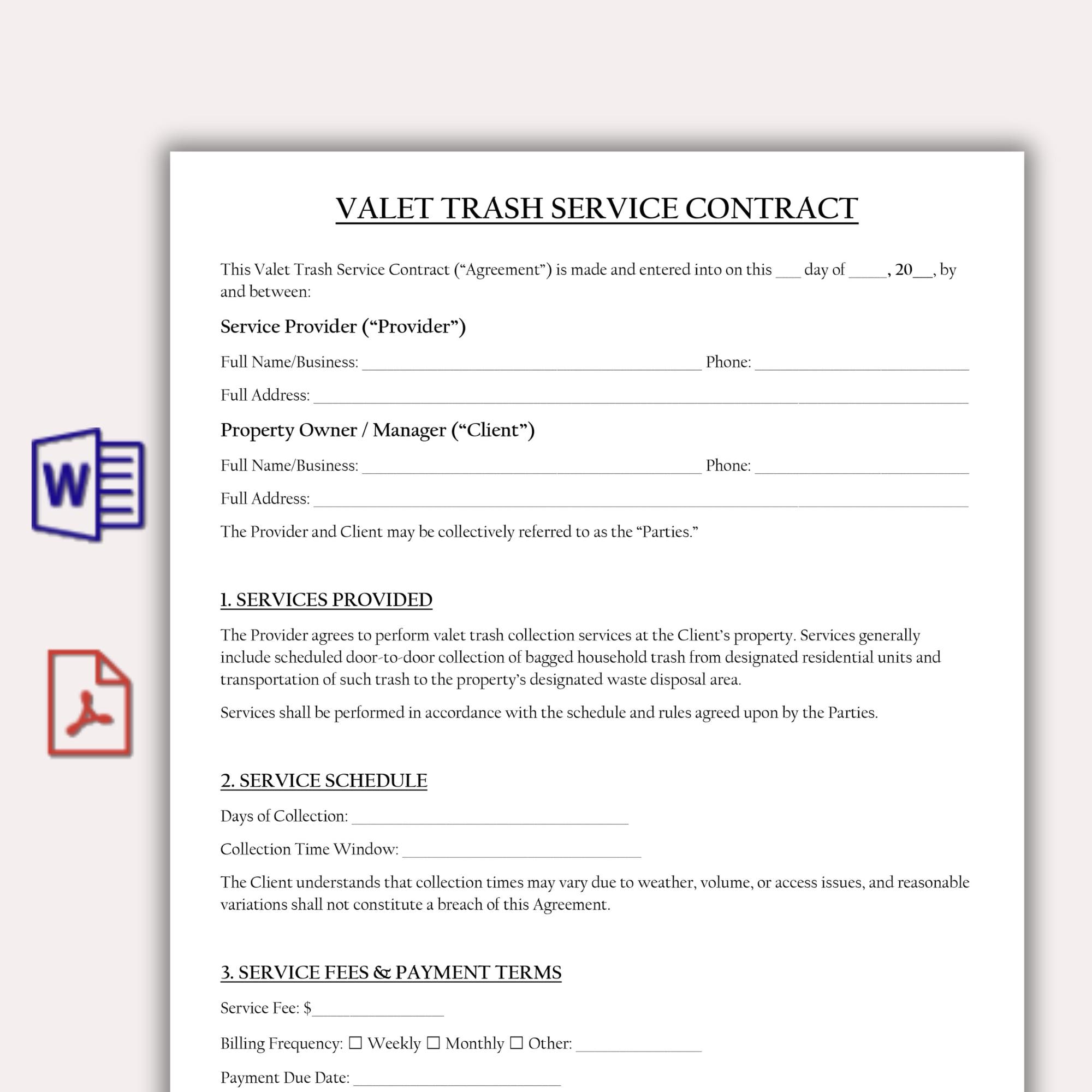 Valet Trash Contract Template, Editable Rubbish Bin Collection Services ...