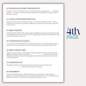 May include: A document page with numbered clauses detailing legal terms for services. The text includes sections on storage, cancellation, force majeure, confidentiality, dispute resolution, governing law, and severability. The words "4th PAGE" are in the upper right corner.