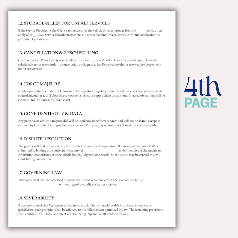 May include: A document page with numbered clauses detailing legal terms for services. The text includes sections on storage, cancellation, force majeure, confidentiality, dispute resolution, governing law, and severability. The words "4th PAGE" are in the upper right corner.