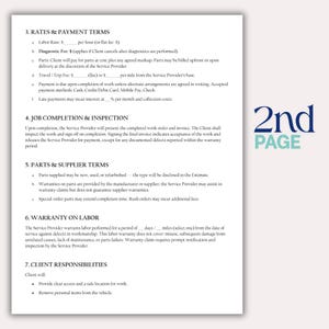 May include: A document with text detailing rates, payment terms, job completion, parts, supplier terms, warranty on labor, and client responsibilities. The words "2nd PAGE" are in the upper right corner.
