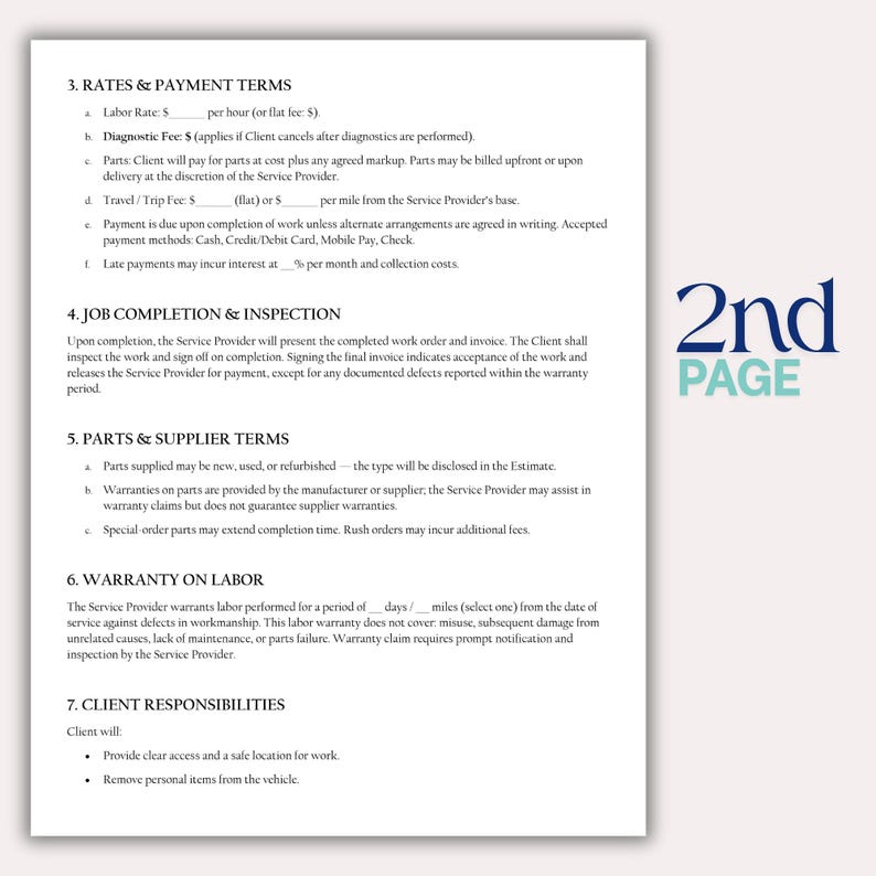 May include: A document with text detailing rates, payment terms, job completion, parts, supplier terms, warranty on labor, and client responsibilities. The words "2nd PAGE" are in the upper right corner.