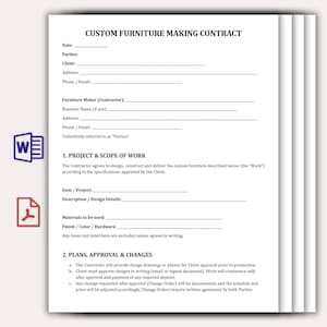 Peut inclure: Un modèle de contrat de fabrication de meubles sur mesure sur papier blanc. Le document comprend des sections pour les détails du client et de l'entrepreneur, la portée du projet, les matériaux et les processus d'approbation. Le texte comprend le titre "CUSTOM FURNITURE MAKING CONTRACT".