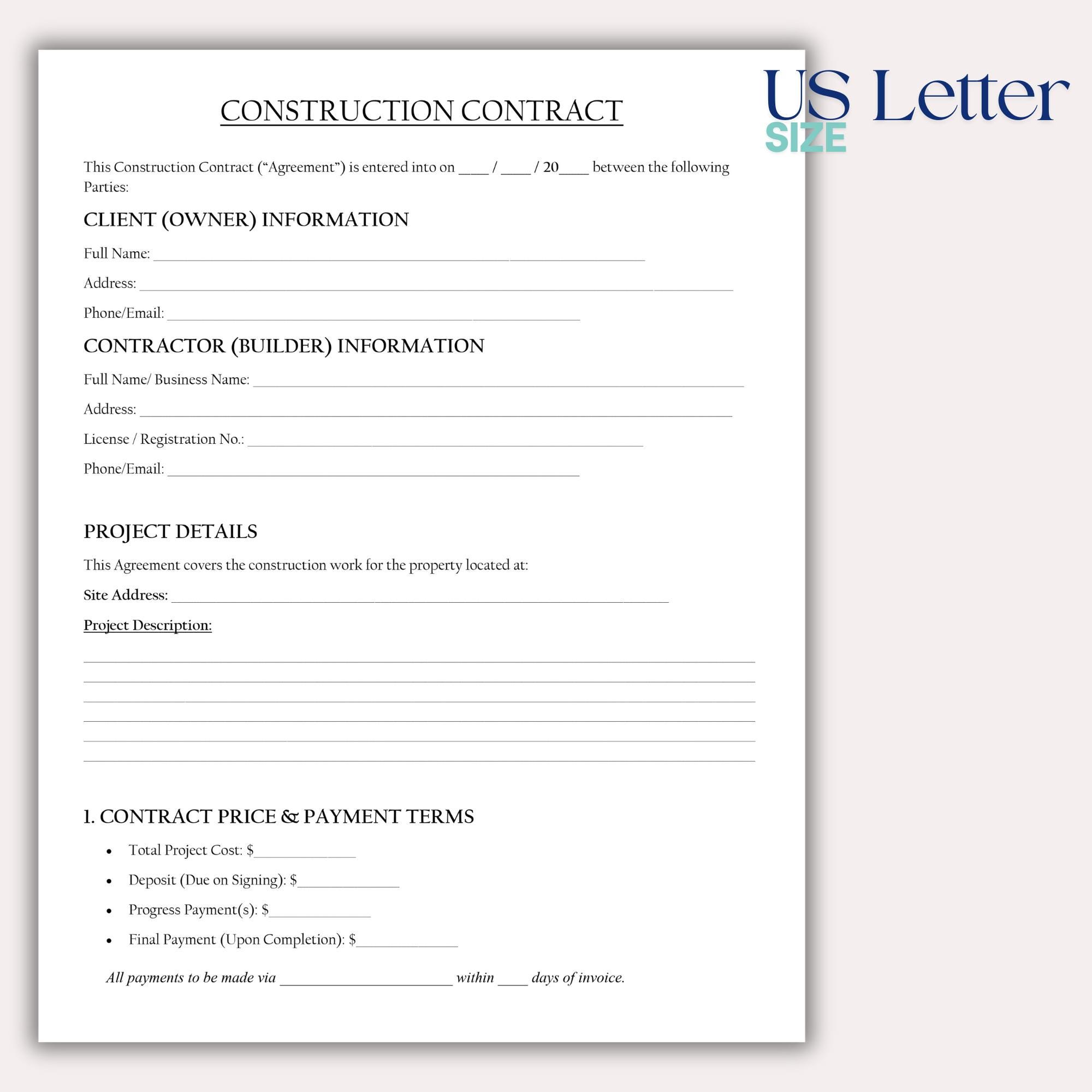 Construction Contract Template, Building Contractor Agreement PDF ...