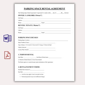 May include: A printed parking space rental agreement form. The document includes sections for owner/landlord and renter/tenant information, parking space details, term of rental, and rent and payment terms. Includes a Word and PDF icon.
