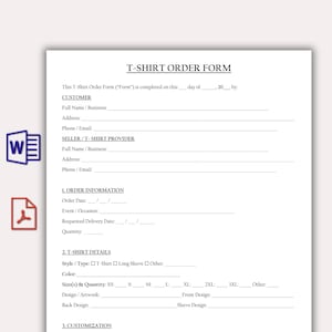 Peut inclure: Un formulaire de commande de t-shirt blanc avec du texte noir, comprenant des sections pour les informations client et vendeur, les détails de commande, les spécifications du t-shirt, les tailles et options de personnalisation, avec icônes Word et PDF.