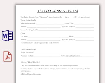 Plantilla de formulario de consentimiento para tatuajes profesionales, acuerdo de admisión de clientes para artistas del tatuaje (PDF), formularios personalizables para estudios de tatuajes y perforaciones.