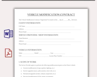 Vehicle Modification Contract Template, Editable Auto Customization Agreement, Car Modification Service Contract, Custom Auto Repair Form