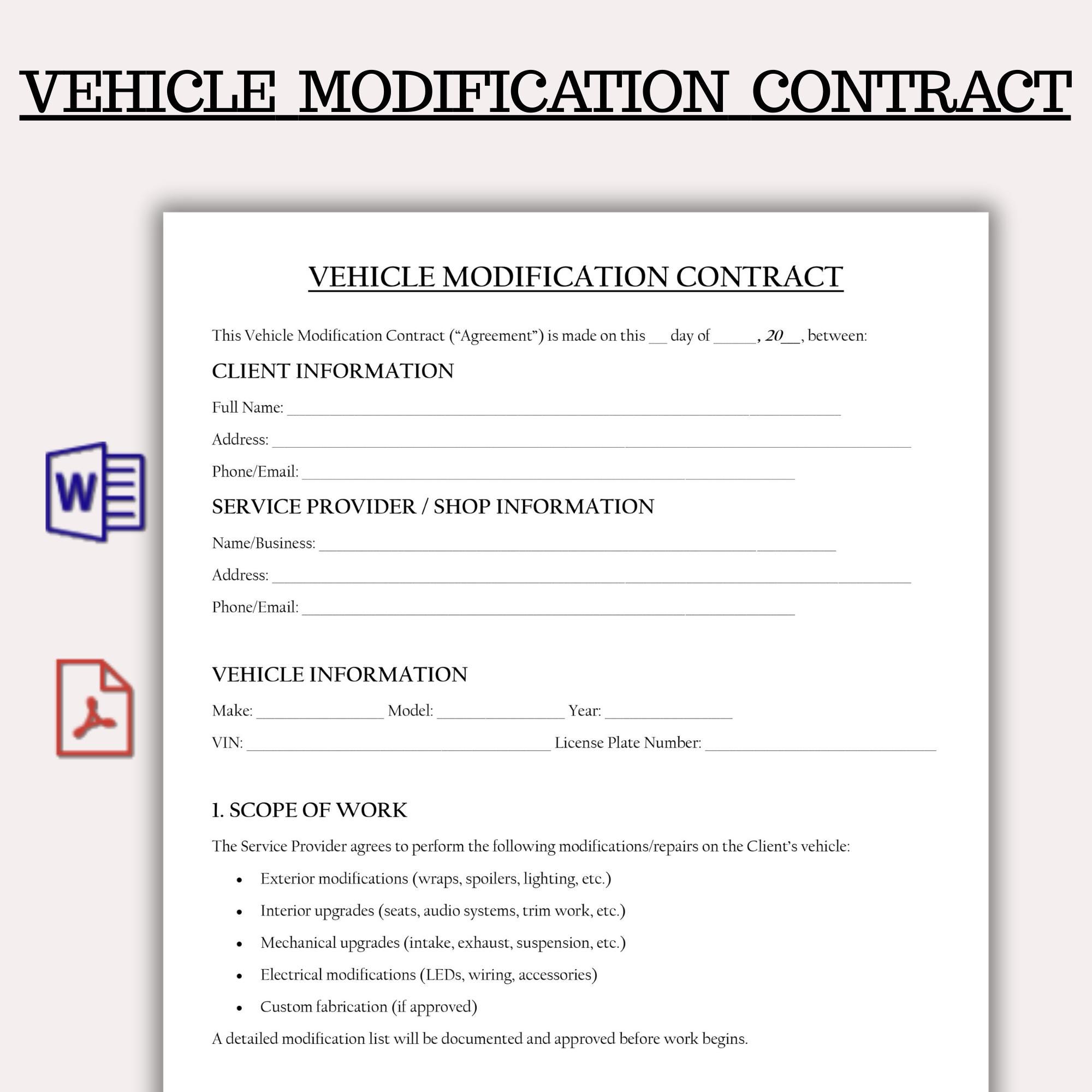 Vehicle Modification Contract Template, Editable Auto Customization ...