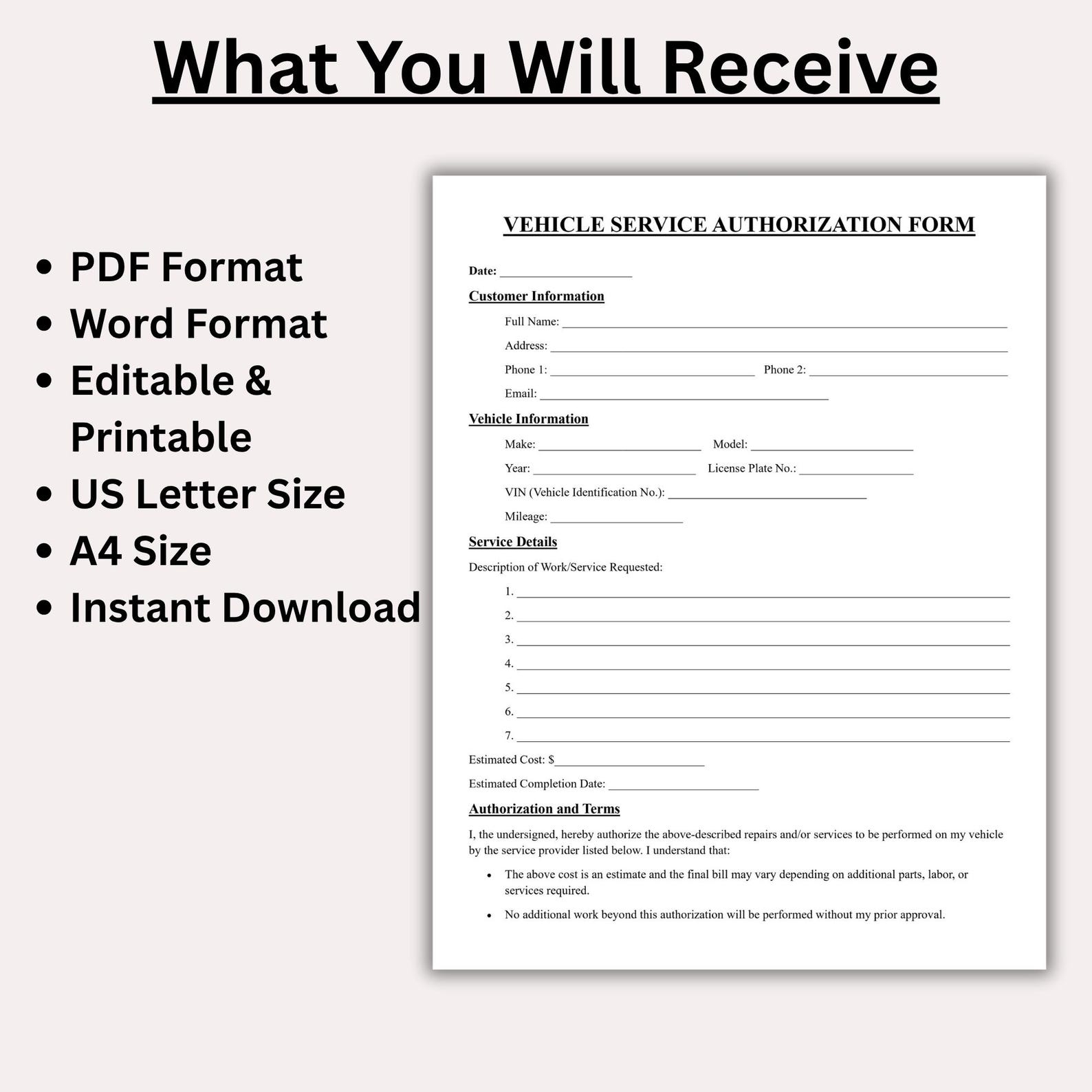 Editable Vehicle Service Authorization Form | Auto Repair Work Order ...