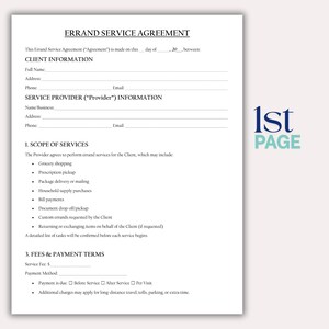 May include: A printed Errand Service Agreement form on white paper. The document includes sections for client and service provider information, scope of services, and fees. The text "1st PAGE" is in the upper right corner.