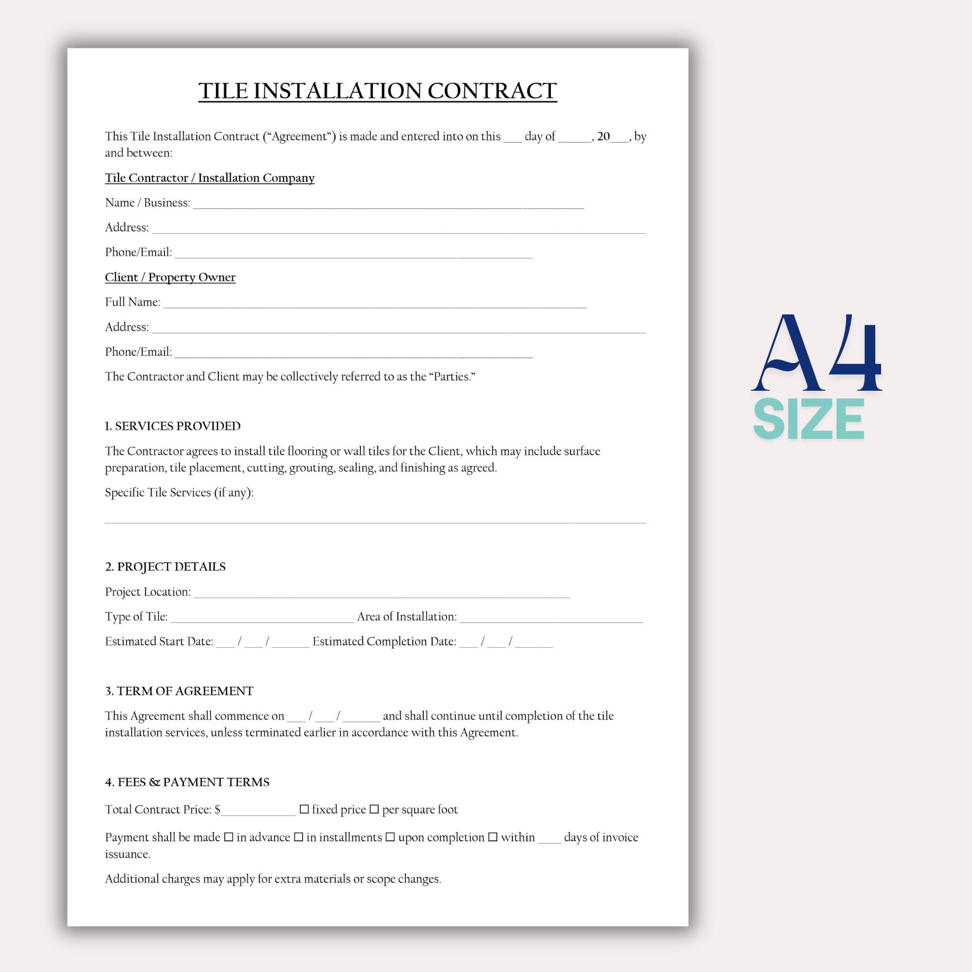 Tile Installation Contract Template, Printable Flooring Contractor ...