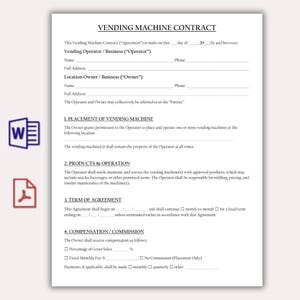 May include: A white document headed "VENDING MACHINE CONTRACT" with spaces for details of operator and owner. Sections cover machine placement, products, agreement terms, and compensation. Includes Word and PDF icons.