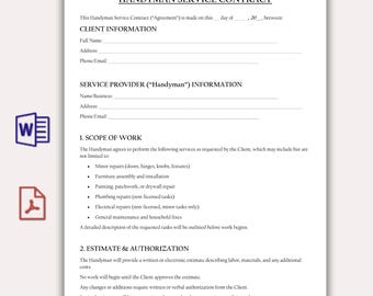 Handyman Contract Template, Customizable Construction Agreement, Printable Estimate Invoice, Subcontractor Remodeling Form, Instant Download