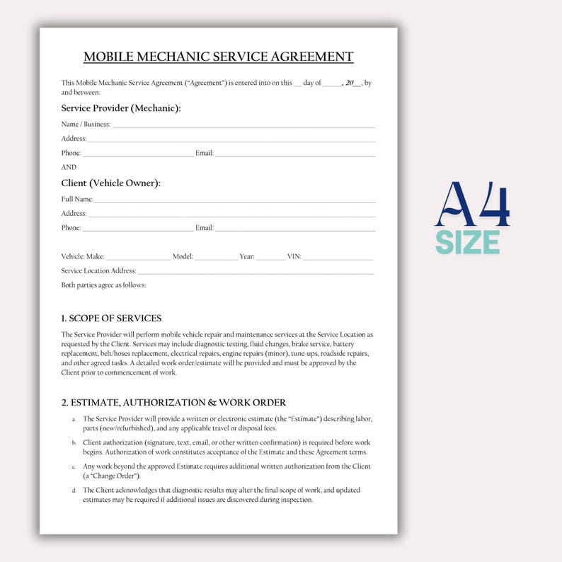 May include: A4 size Mobile Mechanic Service Agreement form. The document includes sections for service provider and client information, scope of services, and estimate authorization. Text is black on a white background.