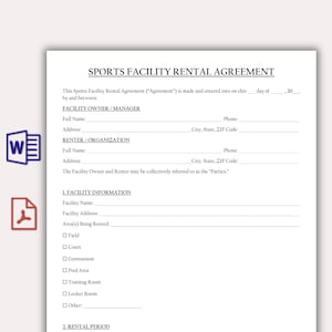 May include: A white document titled SPORTS FACILITY RENTAL AGREEMENT with black text. It includes sections for Facility Owner/Manager and Renter/Organization details, followed by Facility Information with checkboxes for field, court, gym, and pool.