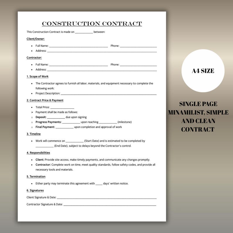 May include: A4 size construction contract template. The document includes sections for client/owner and contractor details, scope of work, contract price, timeline, responsibilities, termination, and signatures. The text reads "Single Page, Minimalist, Simple and Clean Contract."