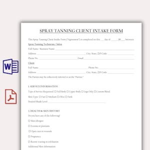 Puede incluir: Formulario de admisión de clientes para bronceado en spray. El formulario incluye secciones para información del cliente, detalles del servicio e historial de salud. Enumera opciones para el tipo de servicio, el tipo de piel y el nivel de sombra deseado. El formulario también pregunta sobre alergias cutáneas, eccema, embarazo y depilación reciente.