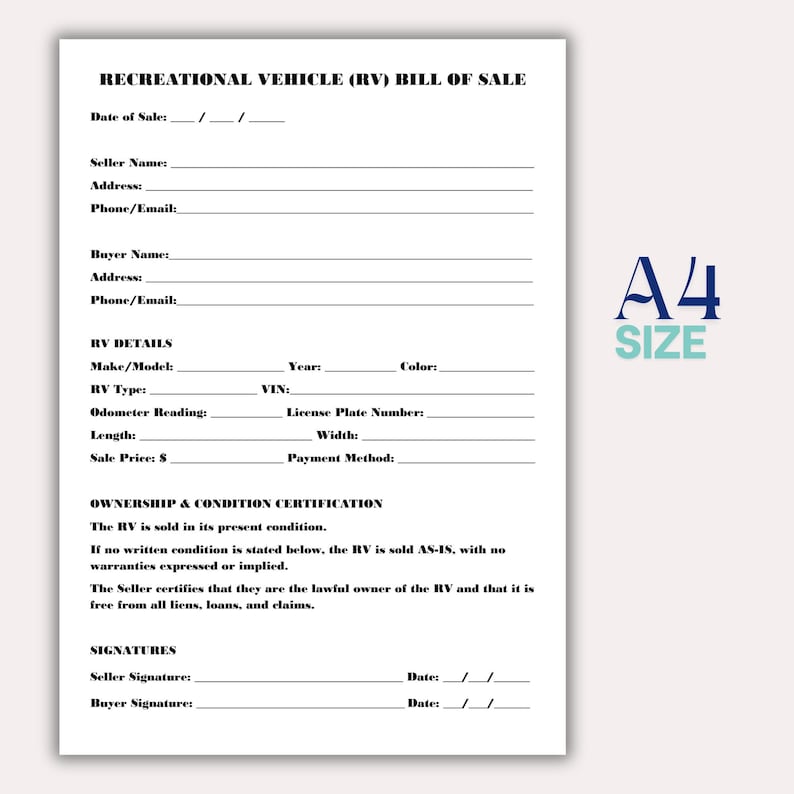 Printable Rv 4 Square Sales Template.pdf Minimalist RV Bill of Sale Template, Printable RV Sale Agreement ...