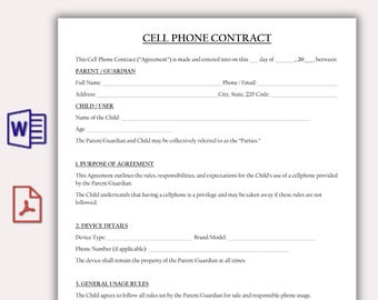 Contrato de telefonía móvil para niños y adolescentes, acuerdo de uso de teléfono móvil para adolescentes, plantilla imprimible de reglas de uso de teléfono para padres e hijos, acuerdo de uso de Internet