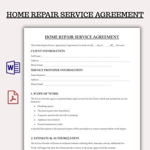 May include: A white Home Repair Service Agreement document with black text. The document includes sections for client and service provider information, scope of work, and estimate authorization. The title is "HOME REPAIR SERVICE AGREEMENT".