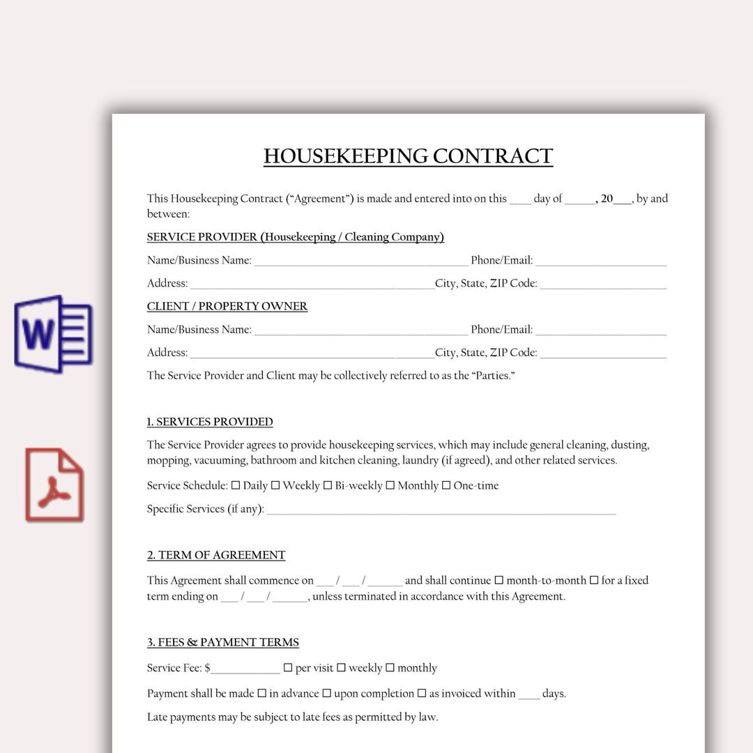 Customizable Housekeeping Contract Template, House Cleaning Service ...