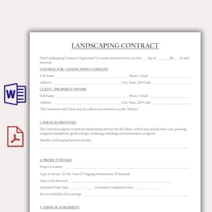 May include: A landscaping contract template with the title "LANDSCAPING CONTRACT" at the top. The document includes sections for contractor and client information, services provided, project details, and terms of agreement. The document is on white paper.