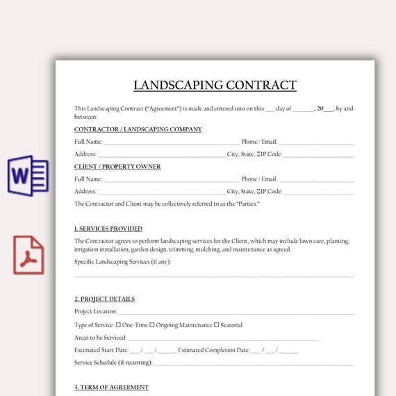 Landscaping Contract Template, Printable Lawn Care Service Agreement, Garden Maintenance Contract, Residential & Commercial Landscaping Form
