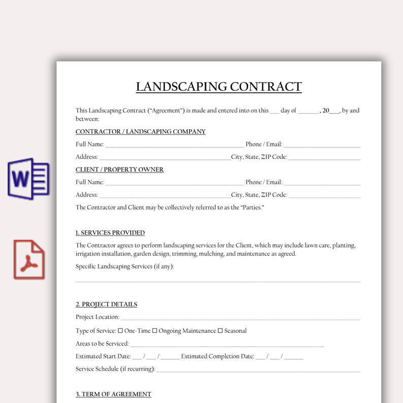 May include: A landscaping contract template titled "LANDSCAPING CONTRACT". The document includes sections for contractor and client details, services, project specifics, and terms. The text is black on white paper. The document is designed for landscaping services.