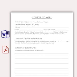May include: A Codicil to Will legal document template printed on white paper with black text. The form includes sections for the Testator's name, address, identification of the original will, and lined space for amendments, accompanied by Word and PDF icons.