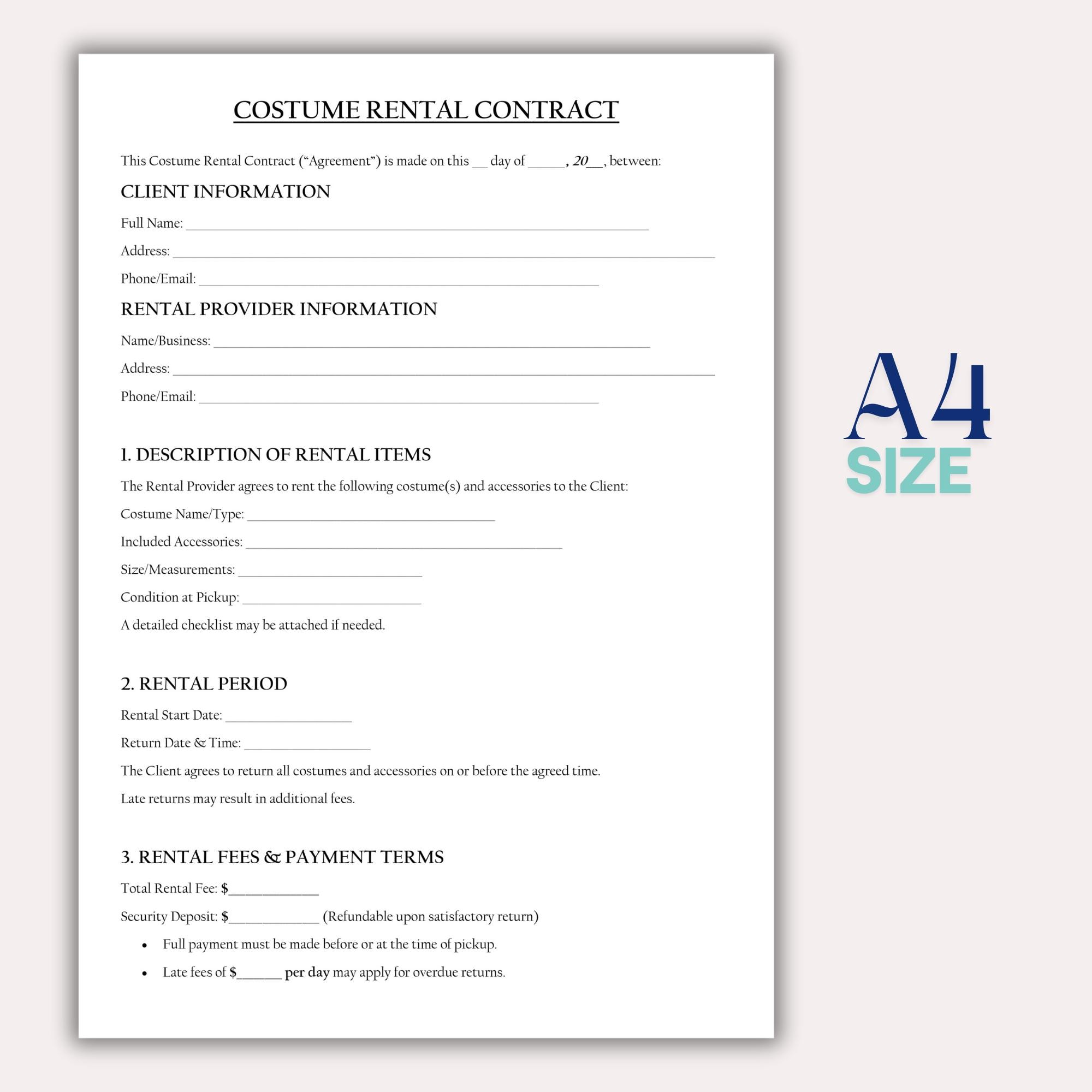 Costume Rental Contract Template, Editable Costume Rental Agreement ...