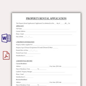 Op de afbeelding: Een wit huuraanvraagformulier met zwarte tekst. Het document bevat secties voor de aanvrager, eigendomsinformatie en woonhistorie met lege regels voor het invullen van namen, adressen, datums en contactgegevens.