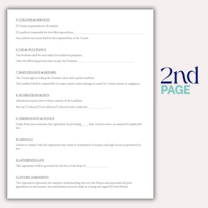 May include: A white document with text detailing utilities, occupancy, maintenance, alterations, pets, termination, default, governing law, and entire agreement. The words "2nd PAGE" are in the upper right corner.