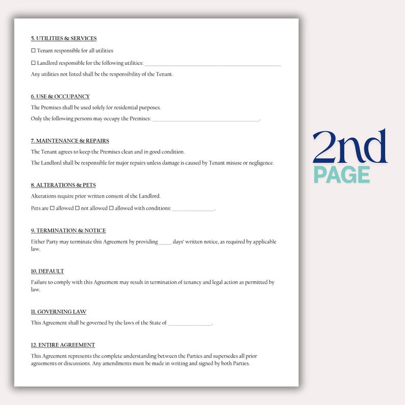 May include: A white document with text detailing utilities, occupancy, maintenance, alterations, pets, termination, default, governing law, and entire agreement. The words "2nd PAGE" are in the upper right corner.