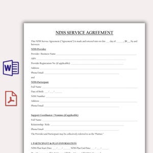 Peut inclure: Un document blanc intitulé NDIS SERVICE AGREEMENT avec du texte noir et des lignes vides pour remplir les détails du prestataire, du participant et du coordinateur, incluant des sections pour les informations de plan, dates et cases à cocher.