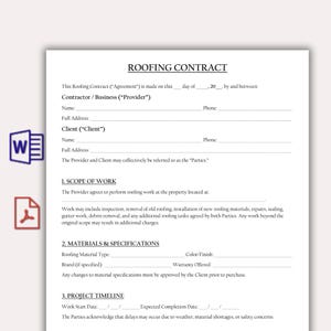 Puede incluir: Un contrato de techado con campos rellenables para la información del contratista y del cliente. El documento incluye secciones para el alcance del trabajo, los materiales, las especificaciones y el cronograma del proyecto. Texto negro sobre blanco.