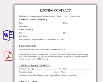 Modelo de Contrato de Telhados Imprimível, Contrato de Telhados Residenciais Editável, Formulário Simples de Serviço de Telhados, Serviço de Empreiteiro, Digital