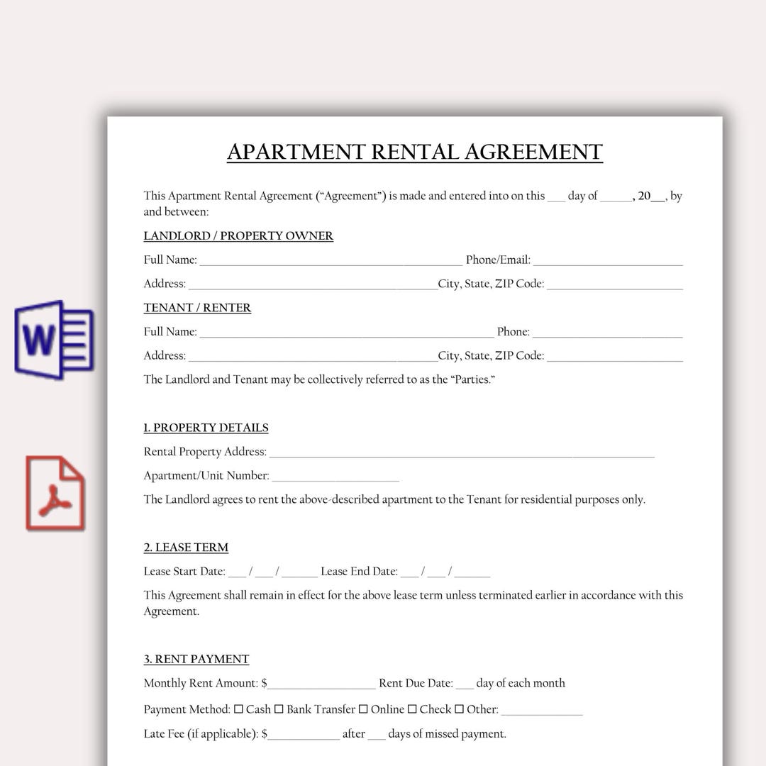 Apartment Rental Agreement Template, Printable Apartment Lease Form ...