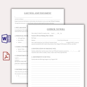 May include: A printable legal document template featuring a Last Will and Testament form and a Codicil to Will form with blank lines for personal information, dates, and signatures, accompanied by Microsoft Word and PDF file format icons.